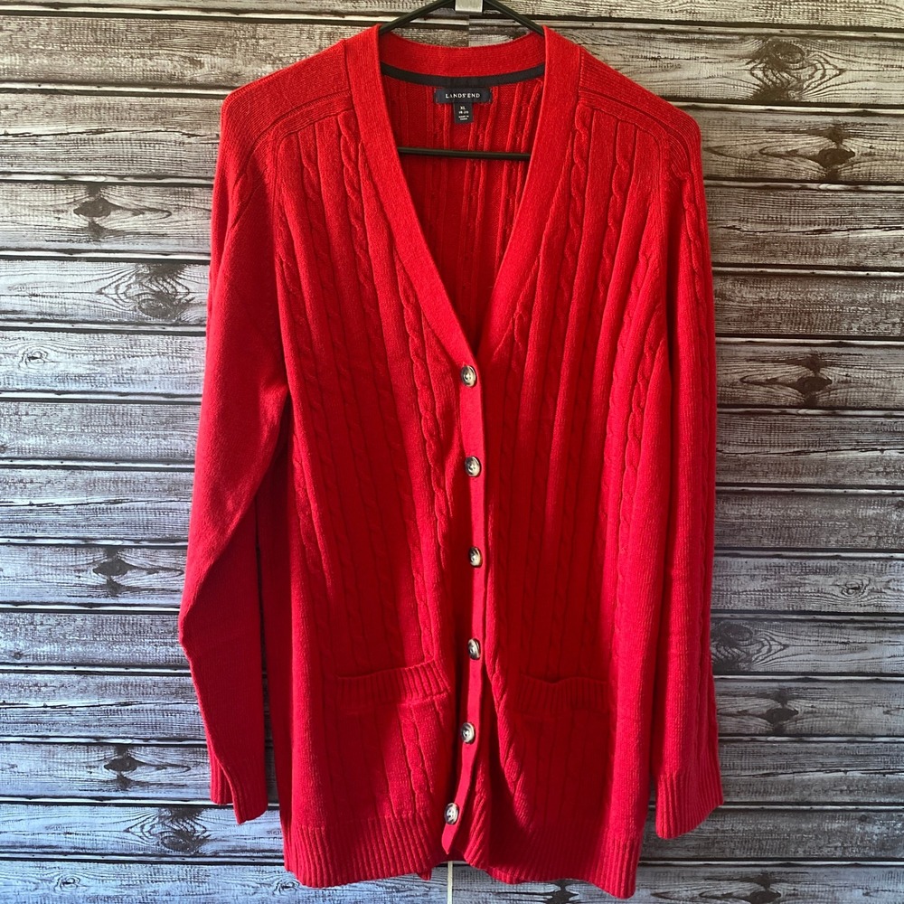 Lands' End Women's Long-Sleeved Button-Down Cardigan Sweater Size XL Red V-Neck